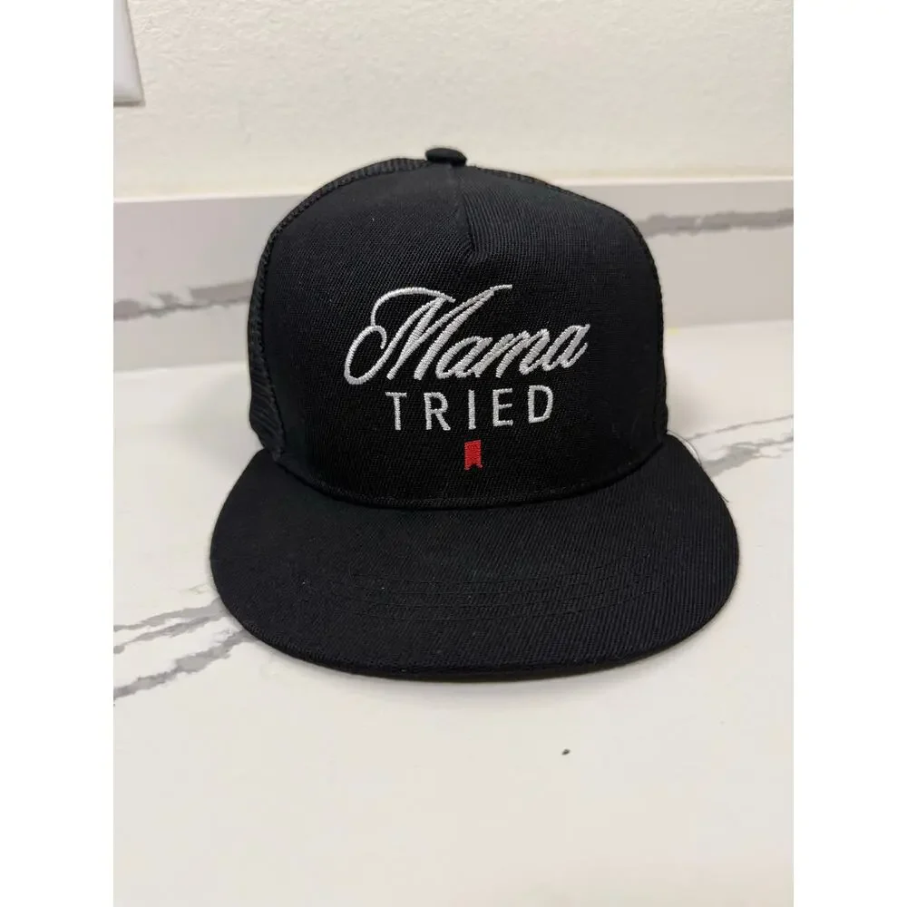 Mama Tried Snap Back Flat‎ Bill Hat Mesh Adjustable One Size Black Embroidered